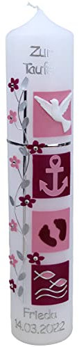 Cerziies Christ-Kerzen Taufkerze Frieda Junge oder Mädchen mit Name und Datum, individuell und handverziert 1259, Größe:ca. 30x6 cm