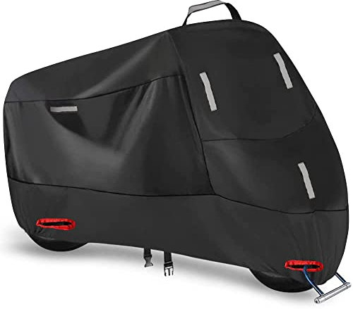 Funda Moto Impermeable 300D, Cubierta Protectora de Scooter Motocross Exterior Interior con 5 Tiras Reflectantes y 2 Orificios para Cerradura, 2 Hebillas de Fijación (XXXXL: 290 x 95 x 140 cm)