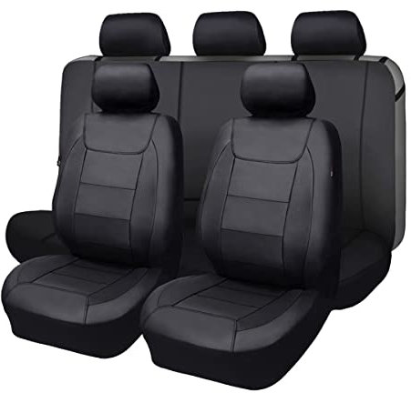 Flying Banner Universal Carbon Fibre Leather Car Seat Covers Airbag Compatible Seat Protector (Full Set, Black)