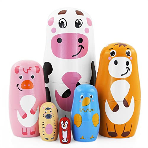 Un conjunto de 6 animales muñecas anidadas de madera, vacas lecheras, pollos, cebras, granjas de aves Muñeca rusa matryoshka apilada juguetes regalos para niños Pascua Fiesta de cumpleaños de Navidad