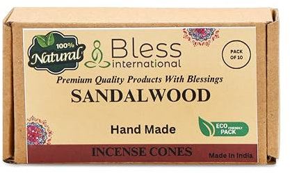 Bless International Sandalwood Incense-Cones Handmade-Hand-Dipped Organic-Chemicals-Free for-Purification-Relaxation-Positivity-Yoga-Meditation The-Best-scents (10 Count)