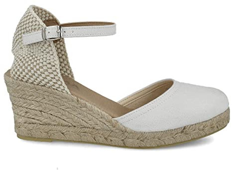 PAYMA - Sandalias Cuñas de Yute Clásicas para Mujer. Hechas en España. Altura 5 cuerdas. Cierre de Hebilla al Tobillo. Espartos de Feria. Planta Interior Acolchada en Tela. Color: Blanco, Talla: EU 42