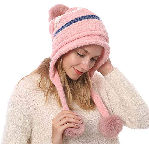 Kangqifen Damen Winter Gestreifte Fleece Gefüttert Warme Strickmütze Bommelmütz Gestrickte Mütze mit Ohrenklappen 3 Pompon (Rosa)