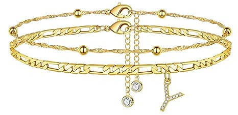 TINGN Fussketten für frauen, Gold Fußkettchen für Damen fußkette Gold mit CZ Buchstaben Y Doppelte Fußketten Verstellbar Sommer Stand Süß Geschenk für Frauen Mädchen Tochter