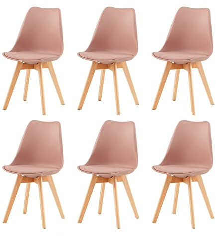 EGGREE 6er Set Esszimmerstühle mit Massivholz Buche Bein SGS Geprüfter, Skandinavisch Design Gepolsterter aus PU-Leder Küchenstuhl Essstühle, Rauchrosa