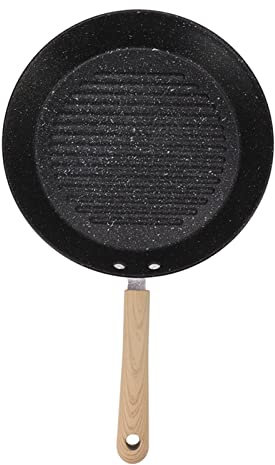 Sartén Para Freír, Sartén Redonda Universal Antiadherente De Fondo Plano Para Parrilla De Hierro Con Mango De Madera Maciza Para Carne, Bistec, Pescado, Desayuno