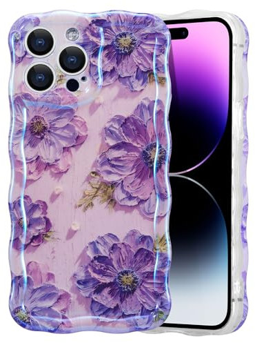 EYZUTAK Case for iPhone 15 Pro Max, Colorful Retro Oil Painting Flower Laser Beam Glossy Cute Curly Wave Border Exquisite Phone Cover Stylish Durable TPU Protective Case for Girls Women - Purple