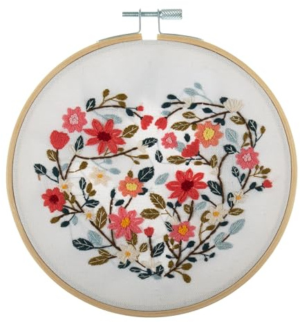 Trimits Embroidery Kits - 15cm 6 Embroidery Beginners Kit, Cross Stitch Kits for Adults, Starter Set with Bamboo Hoop, Fabric, Threads, Needle & Backing - Floral Heart