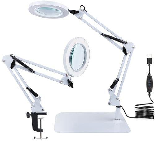 MILIEUR 10x Vergrößerungsglas mit Licht und Ständer, 2 in 1 Klemm Flex Lupe Licht, Verstellbarer Schwenkarm, 3 Farbmodi LED-Lupe Schreibtischlampe zum Lesen Handwerk Reparatur Werkbank (Weiß)