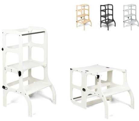 Klappbarer Lernturm mit Sitzfunktion, 45 cm Stehhöhe, Step’n’Sit, Lernturm mit Sitz und Tisch umklappbar, Birkenholz, UV-Lackiert, Weiß mit Silber Beschlägen