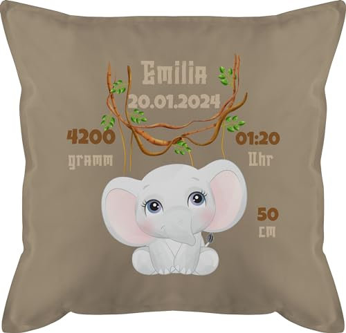Kissen 50x50 - Geburtsgeschenk Elefant Datum Gewicht Uhrzeit Größe I Geschenk zur Geburt - 50 x 50 cm - Beige Natur - personalisiertes geburtskissen personalisierte Baby Elefanten männerkissen