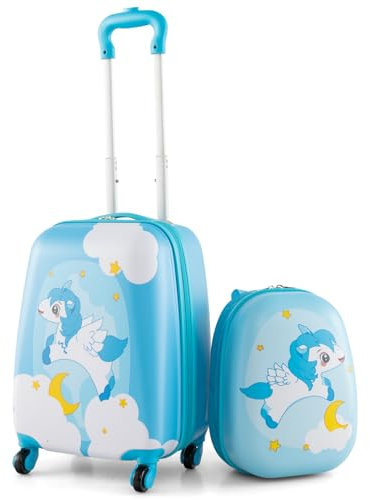 COSTWAY Valise Enfants à roulettes 16’’ & Sac à Dos 12’’ avec Poignée Télescopique, Bagage Enfants avec 4 Roues Rotatives Motif Vifs, Lot de 2 Valise pour Fille Garçon (Bleu Licorne)