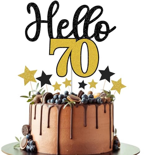 Gidobo Happy 70th Birthday Cake Toppers for Men Women, Hello 70 Black Gold Cake Decorations with Star Cupcake Toppers for 70th Birthday Party Cake Decorations