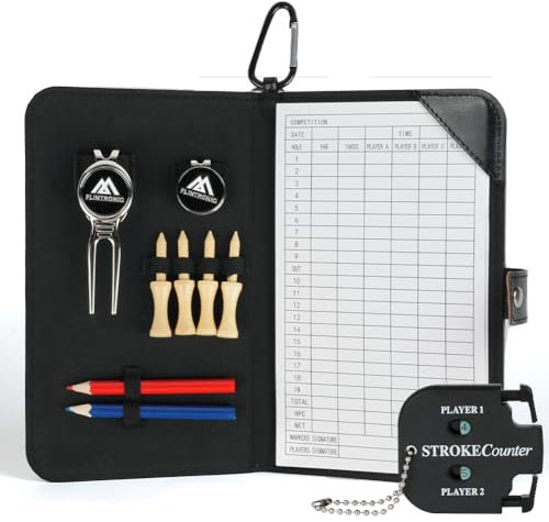 flintronic Organizador de Piel para Golf, Funda de Cuero*1+Tenedor de Golf*1+Contador*1+Clip para Sombrero*1+Lápiz*2+Puntas de Pelota*4+Tarjeta de Puntuación*5, Negro