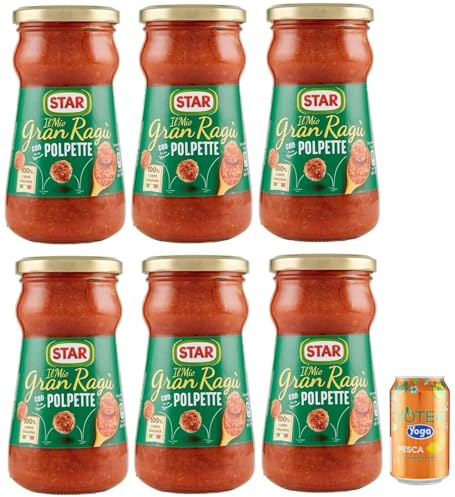 6er-Pack Star Il Mio Gran Ragu' con Polpette,Tomatensauce mit Schweinefleisch und Fleischbällchen,360g Glas + 1er-Pack Kostenlos Yoga Eistee Pfirsich 330ml Dose