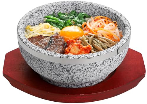 BIMUYI Koreanische Steinschale, Suppenschüssel mit Holztablett, Granit Dolsot Bibimbap Topf, BMY240111-32