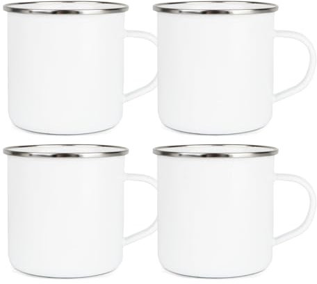 Set of 4 Enamel Mugs - Camping Gift Durable Hot Drinks White Outdoor Cup with Silver Rim - Travel Picnics Home Hiking