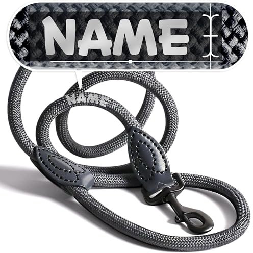 Personalisierte Hundeleine 1,2 m oder 1,7 m Länge (leicht dehnbar) extrem hochwertig verarbeitet | Tauleine für Hunde | Führleine mit Namen (ANTHRAZIT, 170 cm)