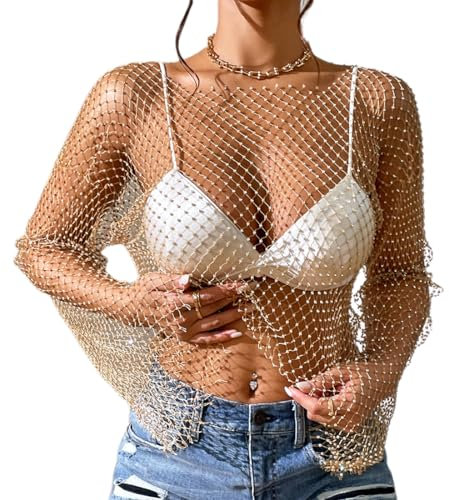 IBAKOM Women's Sparkle Shiny Glitter Rhinestone Crop Top Long Sleeve Fishnet Mesh Bikini Cover up Shirt Sheer Rave Tops Gold L