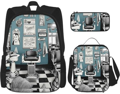 OUSIKA 3 Pcs barber shop Print Backpack Sets Casual Daypack with Lunch Box Pencil Case for Women Men, Black