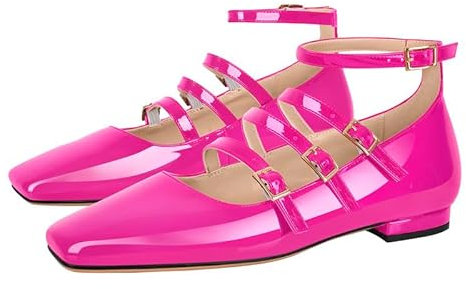 blingqueen Mary Janes Halbschuhe Riemchen Pumps Flache Bequme Damenschuhe Flats Lack Pink 45 EU