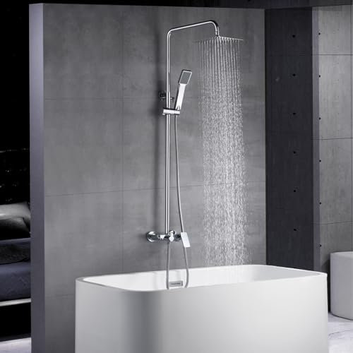 IMEX - Columna Ducha sin Grifo | Conjunto de Ducha y Bañera con Alcachofa y Flexo | Griferia Monomando con Rociador Efecto Lluvia | Caudal de 12L/min | Serie Liverpool | Color Cromado