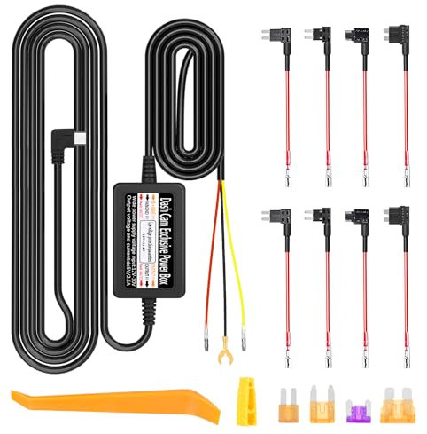 Apritsce Dashcam Hardwire Kit, Acc Kabel für Dashcam mit 4 Fuses, Sicherungshalter mit Niederspannungsschutz, USB C Port, 12-30V zu 5V, 24Std Parkmodus