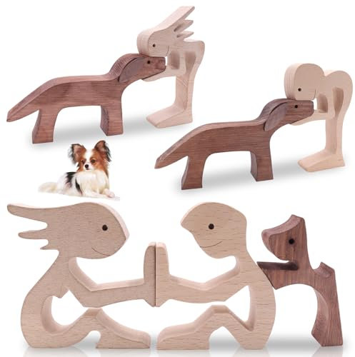 cersaty 3 Paare Holzfiguren Skulptur Ornamente, Kreativität Holzfiguren Hund für Zuhause,Büro,Wohnzimmer,Hundeliebhaber Handgefertigte Holzstatue Welpen