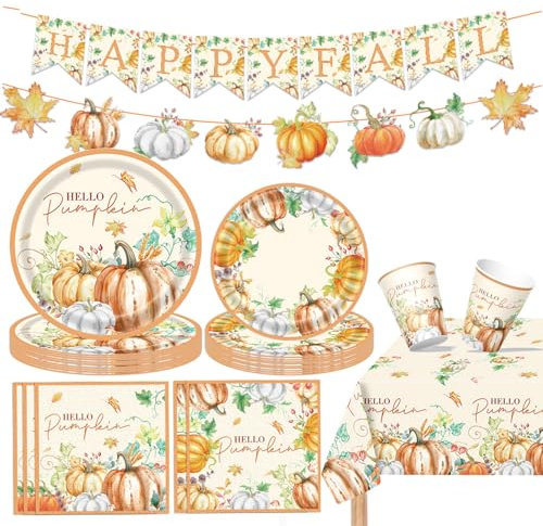 Thanksgiving Autumn Party Tableware Set,70pcs Autumn Pumpkin Maple Leaves Paper Plates Cups Napkins Tablecloth and Happy Fall Banner Party Kit Thanksgiving Harvest Festival Décor,Autumn Table Décor