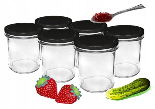 Lot de 6 bocaux en verre de 346 ml avec couvercles à visser noirs.