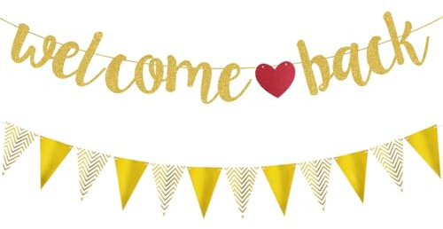 Welcome Back Girlande mit Wimpel, Willkommen Zuhause Deko Gold, Welcome Home Banner, Herzlich Willkommen Girlande für Rückkehr Familienfeiern Einzug Schule Saison Party Dekoration