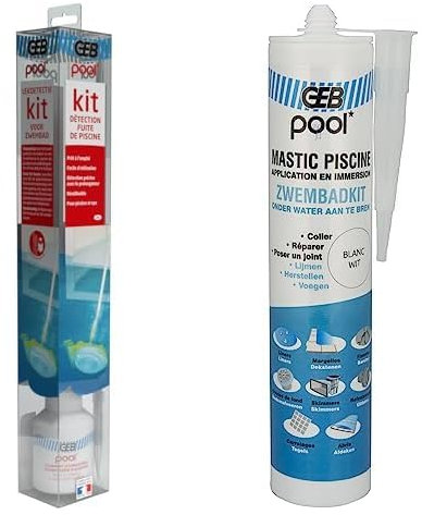 GEB Kit de détection de fuites pour Piscine et Spa et Mastic étanche spécial Piscine Blanc 290 ML pour jointoyer et réparer même sous l'eau.