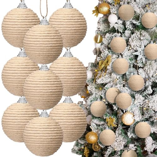 Syhood Weihnachtskugeln, Boho, Bauernhaus, Juteseil, zum Aufhängen, Sackleinen, neutral, rustikal, Ornamente für Weihnachtsbaum, Urlaub, Kranz, Girlande, Hochzeit, Zuhause, 9 Stück