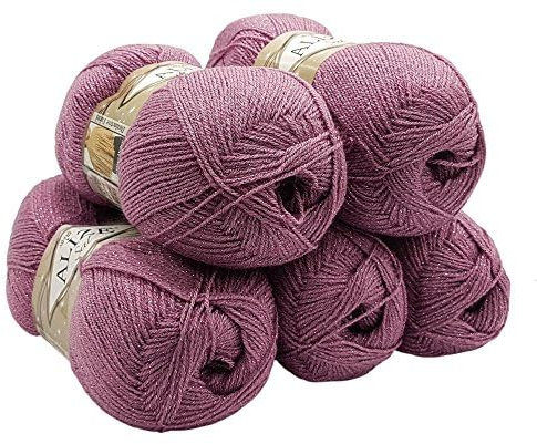 5 x 100 g Ilkadim Export Glitzerwolle SAL zum Stricken und Häkeln, 500 Gramm Metallic – Wolle (lila 28)