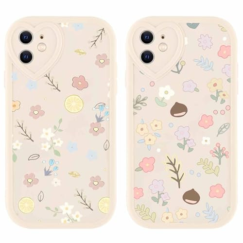 Olgary 2 Piezas Funda para Apple iPhone 11 6,1, Flor Athestic Pattern Fundas Estética Carcasa Caso Cover con Cámara Corazon Suave para Niña Mujer Protección Case