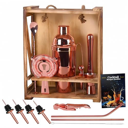 Cocktail Shaker Set Bar Werkzeug Set mit Bambusholzständer,perfektes Bartending-Set,Cocktail Mix Set für Barkeeper,Cocktail-Geschenksets für Männer und Frauen (rosegold001)