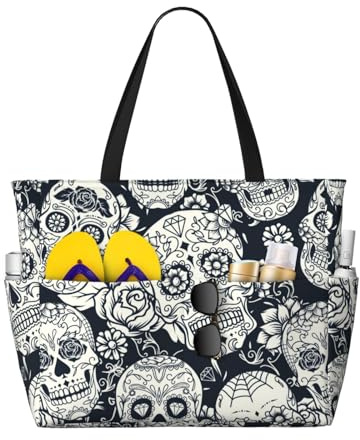 JBYJBX Strandtasche mit Totenkopf-Motiv, großes Fassungsvermögen, wasserdicht, sanddicht und leicht, Schwarz, Einheitsgröße