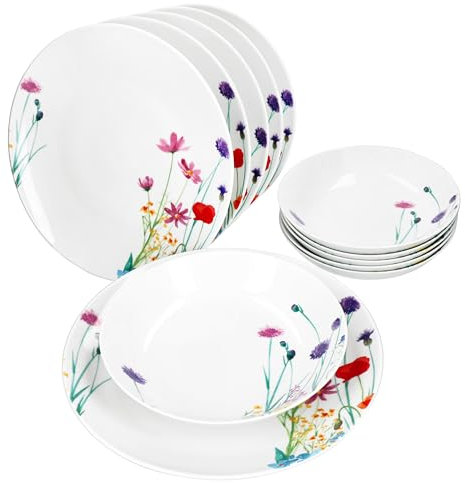 MamboCat Marie 12tlg Tafelservice I Porzellan-Geschirr mit Blumenwiese-Dekor für 6 Personen I 6x Suppenteller & 6x Speiseteller für Frühstück, Mittag & Abendbrot