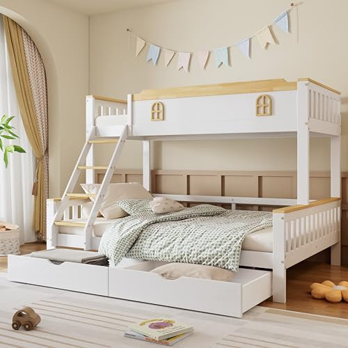 Merax Etagenbett Kinderbett 90x200 & 140x200 cm für 2-3 Kinder, Hochbett mit Leiter & 2 Stauraum Schubladen, Holzbett Stockbett Bettgestell mit Rausfallschutz & 2 Lattenrost, Weiß&Natur, Ohne Matratze