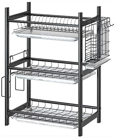 Escurridor de platos de acero inoxidable con escurridor y bandeja, escurridor de platos de 3 niveles para almacenamiento de encimera de cocina