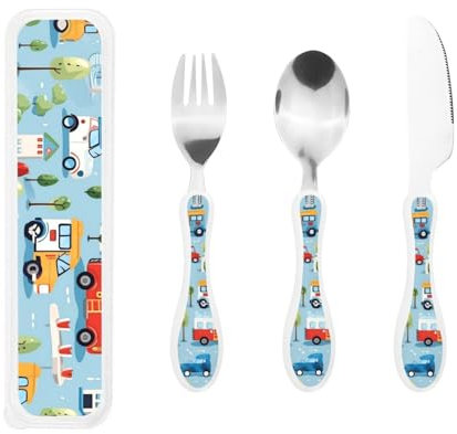 Big Kids Besteckset Löffel, Messer und Gabel Sets Kinder Besteck Sets Lebensmittelecht Edelstahl (Cartoon Fahrzeuge Auto Muster)