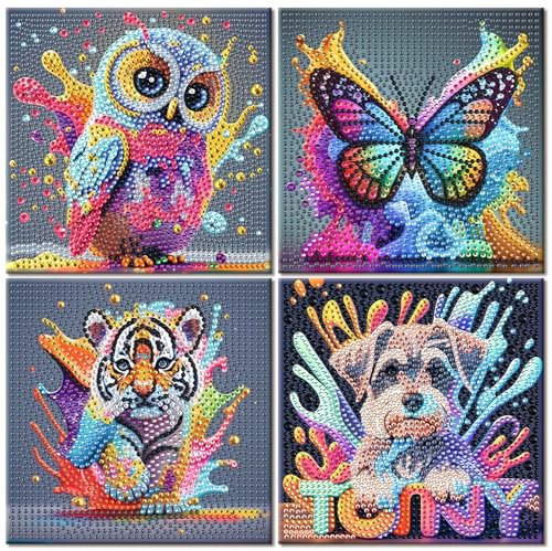 ShengDexin 4 Stück Diamond Painting Kinder Tiere, Diamant Painting Bilder Kinder Kreative Geschenke für Mädchen und Jungen 6 7 8 9 10 12 Jahre 15x15 Cm