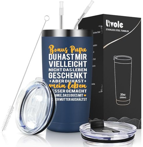 Livole Danke Bonus Papa Geschenk, Vatertagsgeschenk für Vater, Männer, Stiefvater Geschenk Vatertag Weihnachten, Bonus Papa Thermobecher, Geschenke für Stiefvater, 20oz 600ml Edelstahl Weinbecher