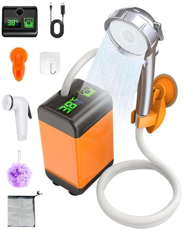 Lorrtta Ducha Portatil Camping, Ducha Portatil con Pantalla Digital Presión de Agua Alta de 12V Ducha Camper, Tres Modos, Carga Rápida, Ducha Portátil para Camper Duchas Lavado de Jardines