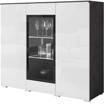Mirjan24 Kommode Doppo 120 mit 3 Türen, Sideboard, Anrichte, 120x104x40 cm, Highboard, Mehrzweckschrank, Wohnzimmer (Matera/Weiß Hochglanz, mit LED Beleuchtung)