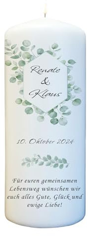 Hochzeitskerze Eukalyptus mit Namen, Datum & Wunschtext - Traukerze oder als Geschenk zur Hochzeit (20cm x 7cm)