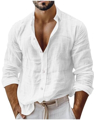 Cotton Linen Shirts Men UK Sale, Plain Tshirts for Man Spring Summer Long Sleeve Tops Breathable Oversized Loose Fit Tee Shirt Solid Color Lapel Collar Work Top Mens 2025 Trendy Plus Size S-XXL