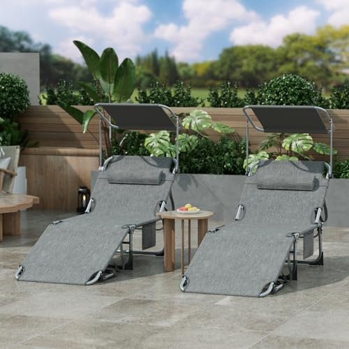 arvioo Sonnenliege, Dein Sommerbegleiter, Klappbare Gartenliege mit Dach & Kopfstütze & Seitentasche & Trageschlaufen, 4 Positionen, extra breit B68 x L194 x H30 cm, Liegestuhl aus Metall (2er, Grau)