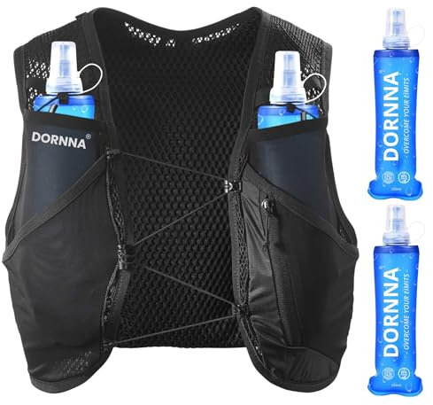 DORNNA Light Edition V1 – Zaino Trail Running + 2 borraccia mórbida 500 ml Senza BPA, Run Vest con Soft Flask, Gilet Trail Running Uomo e Donna. (Nero, XS-S)