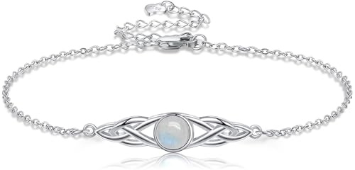 POPLYKE 925 Sterling Silber Keltische Armbänder Damen Irish Mondstein Larimar Moosachat Armband Knoten Viking Edelstein Mondstein Schmuck